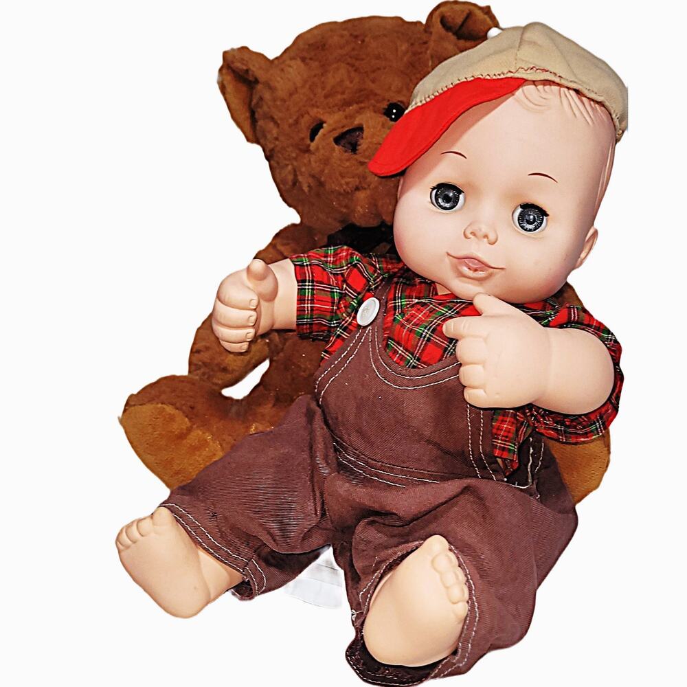 12" Sweet Little Baby Boy Doll in O}veralls & a plaid Shirt (Bear not included)
